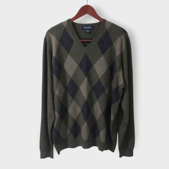 Vtg Brooks Brothers Merino Wool Argyle V-Neck Sweater Green Sz XL Grandpa Preppy - Picture 1 of 10